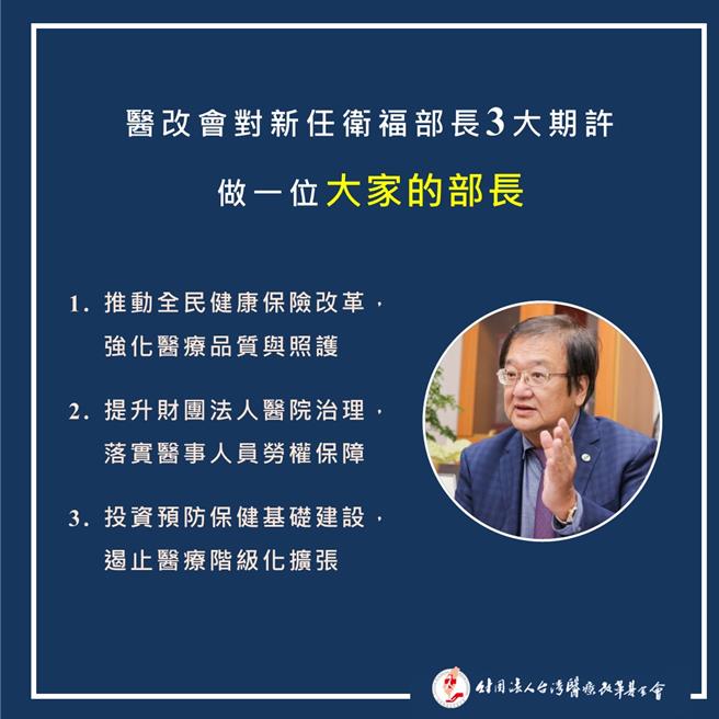 醫改會指出，新任部長要做「大家的部長」，不只是醫事服務提供者，也是付費者的部長；不只是醫界，也是民眾的部長；不只是衛政，也是社政的部長。（醫改會提供／林周義台北傳真）