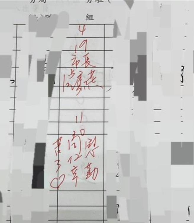 台中市长卢秀燕在勤务出入登记簿签名，上面写「慰勤，同仁辛苦了！」。（清水警分局提供／张妍溱台中传真）