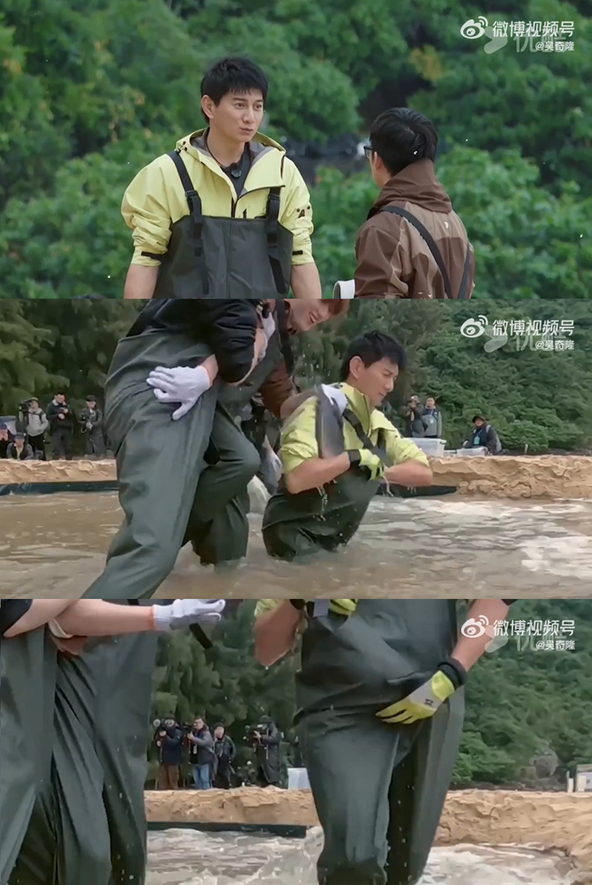 吳奇隆不計形象抓魚，褲檔一大包畫面流出笑歪全網。（圖／摘自吳奇隆微博）