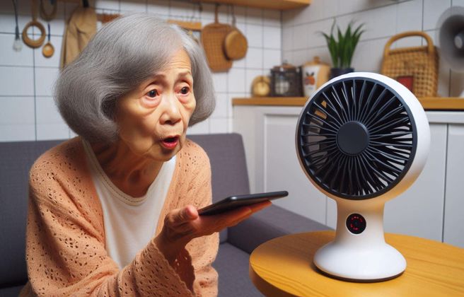 有位阿嬷用声控开启电风扇时，遇上一些困扰，不管她怎么喊，扇叶就是没转动，气得她狂谯三字经。（示意图、与本案无关／AI生成）