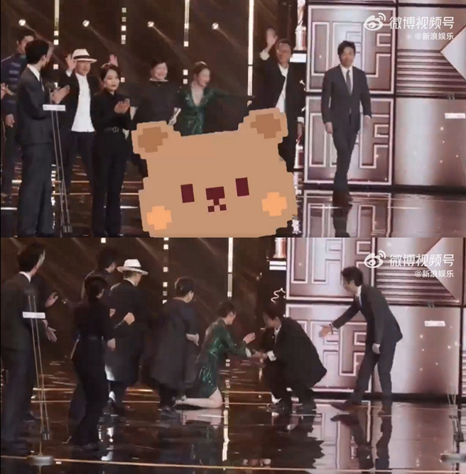 蒋勤勤典礼上辣穿性感礼服，不小心惨摔疑似走光画面在网上疯传。（图／摘自新浪娱乐微博）