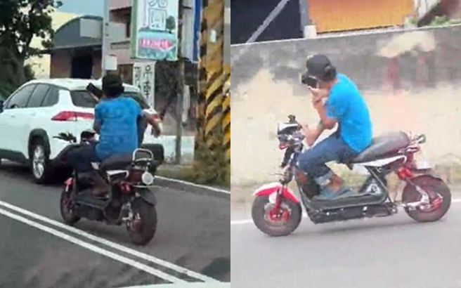 彰化埤頭鄉有男子騎著電動機車，不僅疑似用腳控制油門，還翹著腳邊騎車邊講電話，危險行為也讓人捏把冷汗。（圖／翻攝自黑色豪門企業）