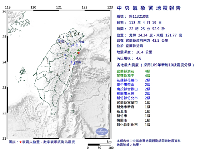 22:25，宜蘭近海發生規模4.6地震，北部都有感。(圖／氣象署)