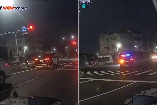 机车骑士闯红灯左转，没想到在路口停等红灯的货车前方正好是一辆警车。（图／ 翻摄自「WoWtchout-地图型行车影像分享平台」）