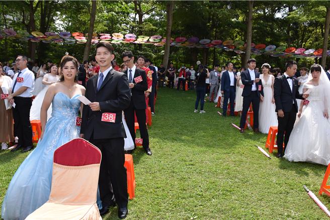 「2024苗栗客家桐花婚禮」20日在三義鄉西湖渡假村浪漫登場，有36對佳偶完成終身大事。（謝明俊攝）