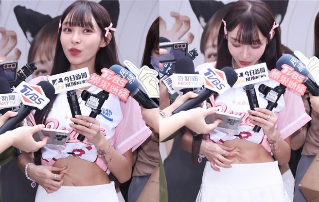 林襄低头捏肚子表示近期有成功增肥。（罗永铭摄）