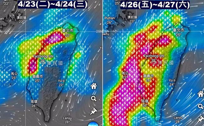 周五、周六（26、27日）锋面再度南压到台湾上空，整个西半部都有机会出现较强的雨势。(翻摄自观气象看天气FB)