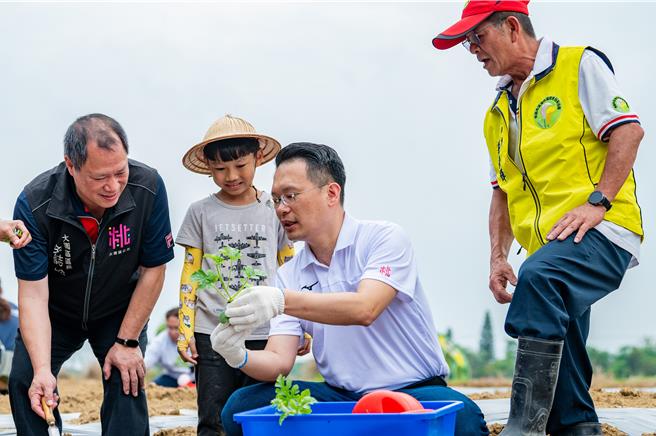 桃园市大园溪海西瓜节，副市长苏俊宾与民眾体验种西瓜乐趣。（吕筱蝉摄）