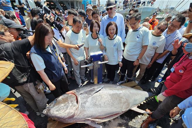 屏東縣長周春米（持麥克風者）宣布，今年屏東第一鮪身長236公分、重達301公斤。（羅琦文攝）