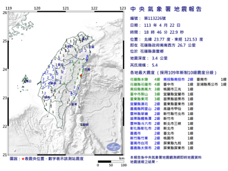 花蓮11秒連2震！18：46規模5.4地震 深度3.4公里晃很大