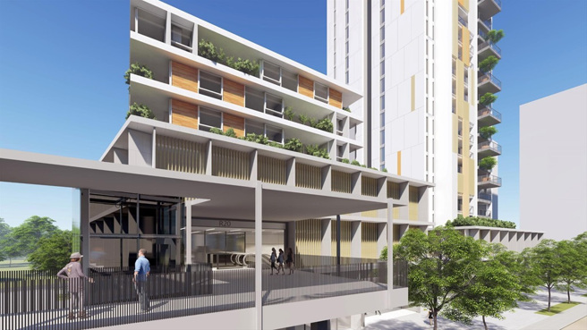 高捷紅線R20站聯開案位在後勁生活圈，待捷運全線開通後，將創造通勤生活與行政機能複合聚落核心。圖為R20站基地專用通道模擬圖。(高市府提供)