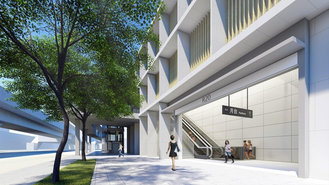 捷運R20站聯開案周遭生活機能多元。圖為R20站棟間模擬圖。(高市府提供)