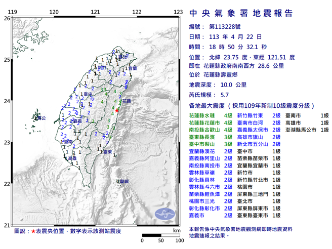 今晚余震不断，其中18时50分发生芮氏规模5.7地震，是规模最大的地震。（翻摄自气象署）