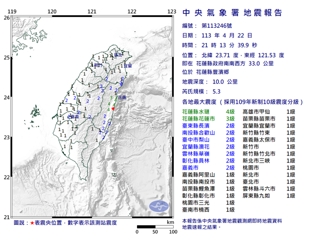 花蓮豐濱21：13發生規模5.3地震。（翻攝自氣象署）