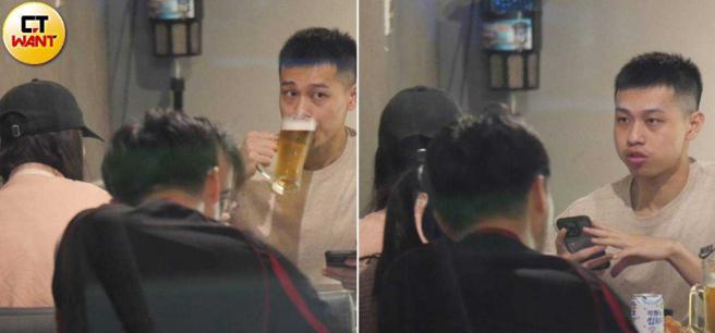 开吃前，陈昱瑞先喝口啤酒，席间不停地跟坐对面的Rina讲话。（图／本刊摄影组）