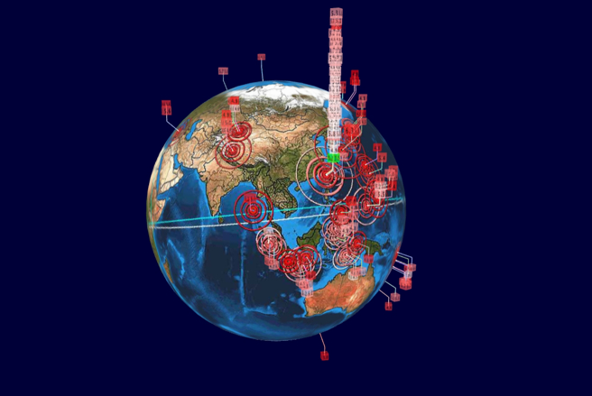 台湾近日狂摇，7天内地震次数堆迭宛如摩天大楼，和其他国家形成强烈对比。（翻摄「Earthquake 3D Live」网站）