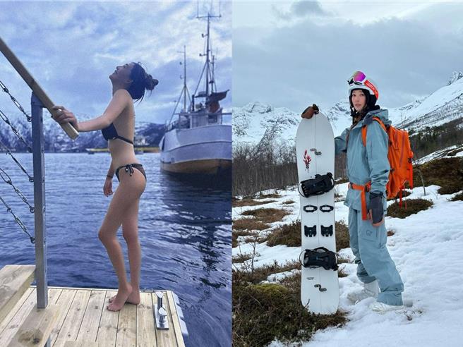王心恬到挪威滑雪，在1度的气温穿着比基尼体验跳冰水。（凯渥提供）