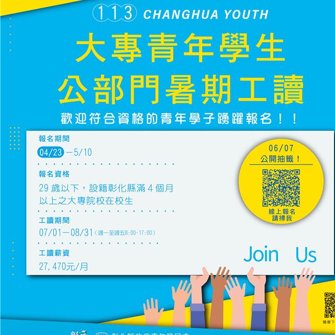 彰化县政府今年开放暑期工读名额有154名，提供给设籍彰化县满4个月、年龄29岁以下的大专青年学生，有机会在暑假7月1日至8月31日2个月期间，进入政府部门工读学习，月薪2万7470元，即日起至5月10日线上报名，6月7日公开抽籤。（县府提供／叶静美彰化传真）