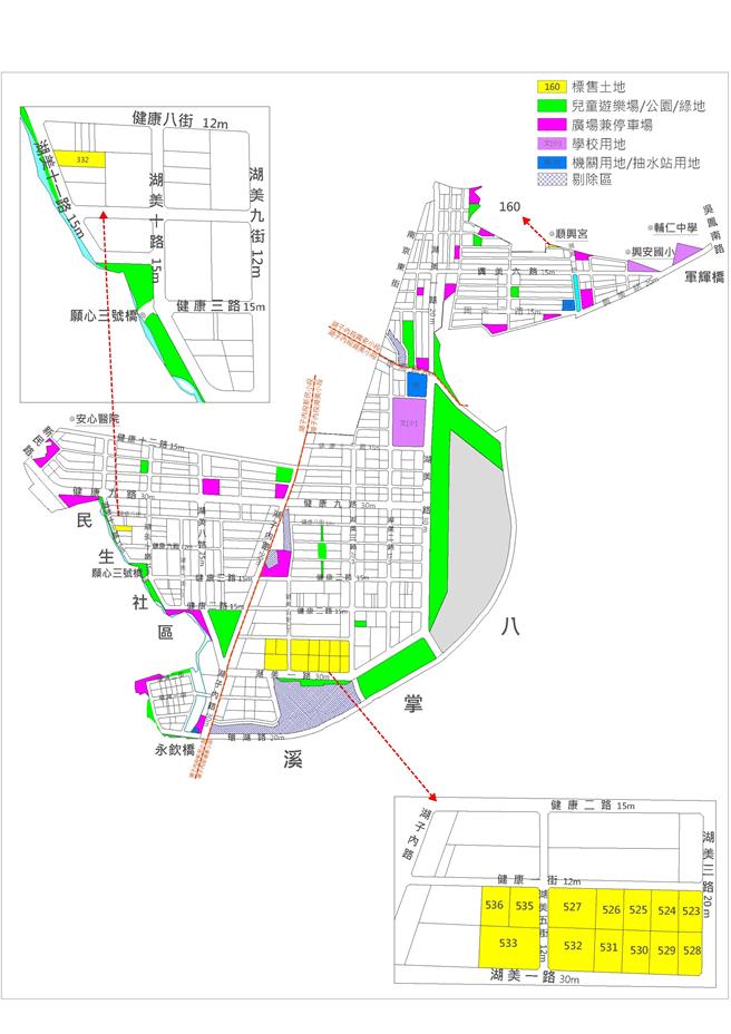 嘉義市政府今天標售湖子內區最後一批土地共15筆，標出13筆。黃色示意圖為今天標售土地。（嘉義市政府提供／廖素慧嘉市傳真）