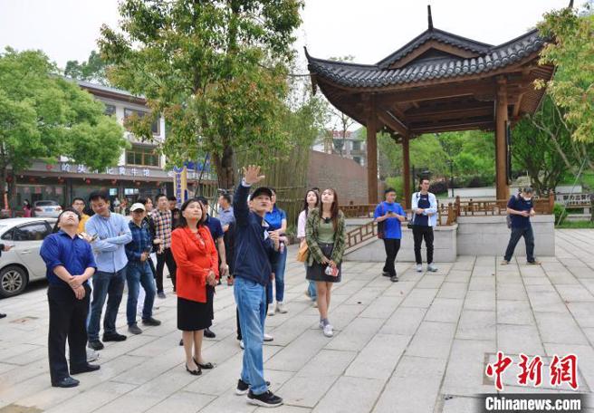 4月16日，台灣建築師吳正隆正在向參訪者介紹嶺頭集鎮整治成效。（中新網）