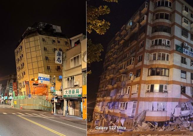 凌晨连续2次强震，造成花莲市区两栋大楼软脚倾斜。（翻摄画面）