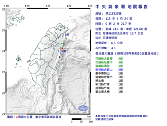 摇不停！花莲两起规模4以上地震  最大震度花莲县4级双北有感