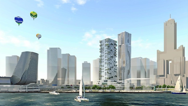 高捷黃線Y15站及亞灣企業旗艦聚落模擬圖。（高市府提供）