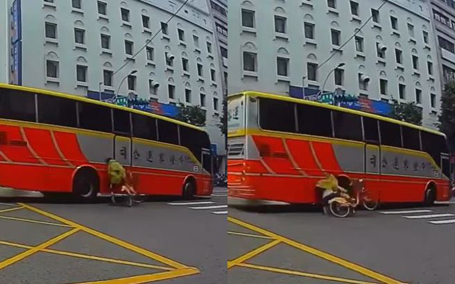 1輛客運疑似闖紅燈，導致1名騎著單車的學生直接撞及慘摔。（圖／翻攝自臉書爆廢1公社）