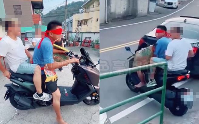 有乩童疑太子爷上身，蒙眼骑车载信徒，两人未戴安全帽在路上来回狂飙。（图／翻摄自黑色豪门企业）