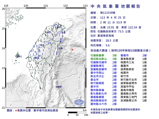 25日凌晨东部海域一连两起规模逾5地震，气象署认为属独立地震，和403余震无关。（中央气象署提供）