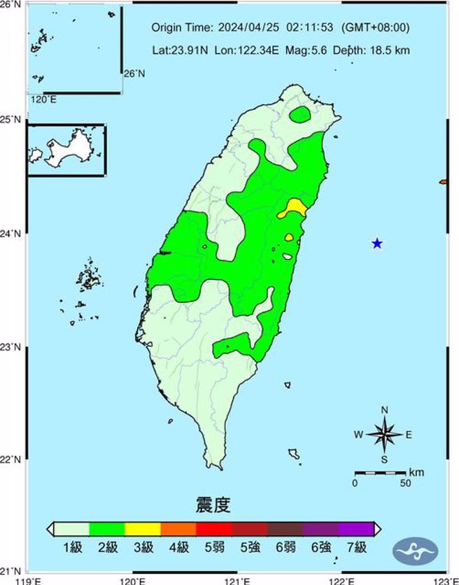 東部海域1分鐘連2震狂搖  規模5.5、5.6「獨立地震」民眾嚇醒。(圖/氣象署)