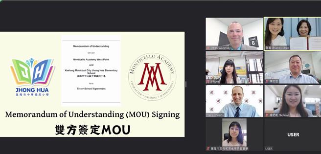 基隆市中華國小與美國猶他州鹽湖城蒙蒂賽洛（Monticello Academy）特許學校所屬西點分校於25日舉行線上聯合簽約儀式，正式締結為姊妹校，這也是全基隆第一所來自美國的姐妹校。（基隆市教育處提供／徐佑昇基隆傳真）