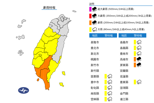 11县市豪大雨特报。（气象署）