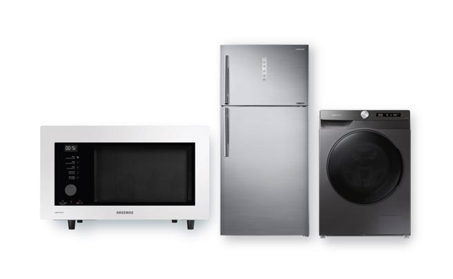三星BESPOKE設計品味系列智慧美型微波烤爐、雙循環雙門系列、泡泡淨系列滾筒洗衣機蒸洗脫烘。（三星提供／古明弘台北傳真）