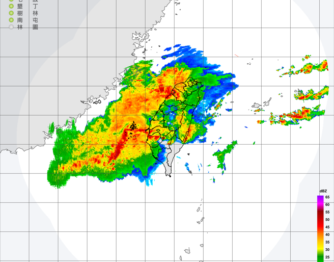 气象署针对桃园市、新竹市、新竹县、苗栗县、云林县、嘉义市、嘉义县、台南市及澎湖县发布大雷雨即时讯息。（中央气象署提供）