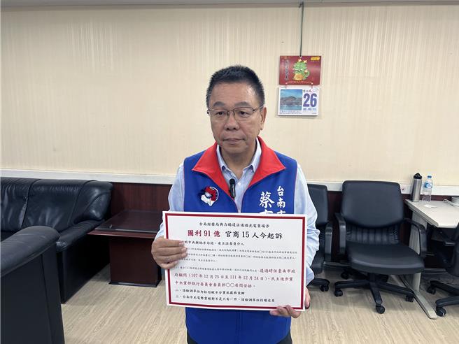 台南地检署26日侦结起诉力旸科技小二甲禁令解套官商勾结弊案，台南市议会国民党团发言人蔡育辉认为，检方起诉此案，证明光电案场申请过程中，中央与地方勾结，「贪污一条心」。（洪荣志摄）