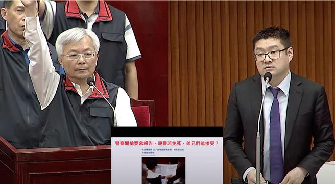 国民党台北市议员徐弘庭（右）26日于议会警政卫生部门质询时，询问包含市警局长张荣兴（左）、市警局辖下所有分局长以及犯罪预防科长等人，对于死刑存废的态度，包含张荣兴在内的所有人，都举手赞成死刑应继续存在。（摘自北市议会直播系统／丁上程台北传真）