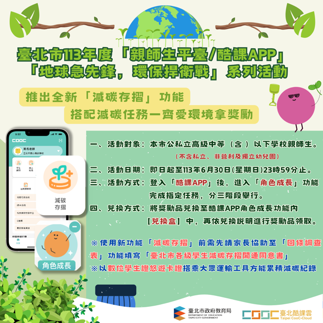 鼓勵家長及學生一同響應，家長完成同意授權子女開通減碳存摺功能，即可兌換抽獎券及其他咖啡、蛋塔等下午茶兌換券。(圖片/臺北市政府教育局提供)