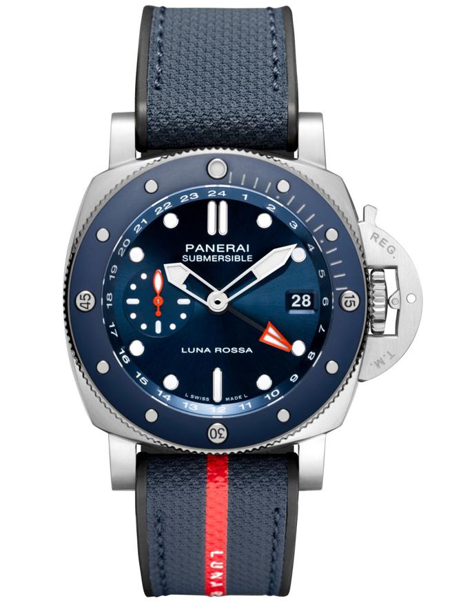 沛納海Submersible GMT Luna Rossa Titanio PAM01507腕表，採用Super LumiNova X2夜光塗層，更亮更持久，約37萬8000元。（Panerai提供）
