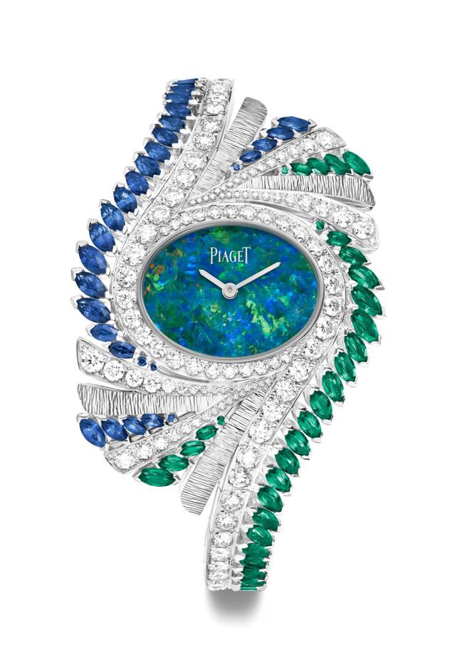 伯爵Limelight Gala系列白金藍寶石與祖母綠鑽石腕表，風華絕代。（PIAGET提供）