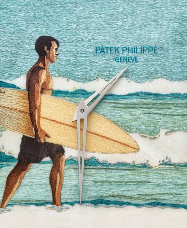 百達翡麗編號5089G-129「海灘的早晨」Calatrava腕表，表盤是以精湛的木片鑲嵌工藝打造。（Patek Philippe提供）
