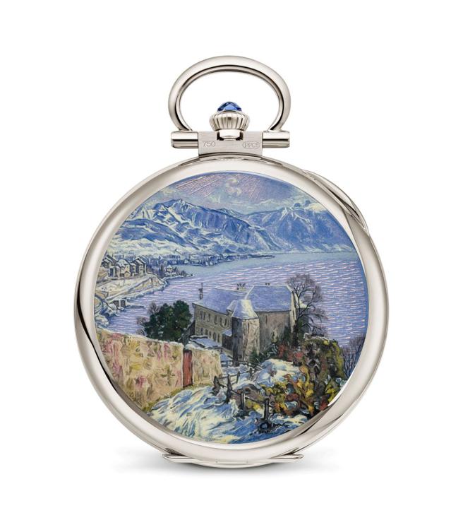 編號992/184G-001「冬日下的日內瓦湖」懷表。（Patek Philippe提供）
