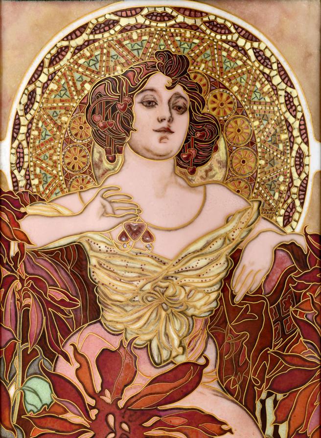 編號20157M-001「繆斯女神」掐絲琺瑯拱頂座鐘，以微繪琺瑯工藝重現捷克畫家阿爾豐斯慕夏（Alfons Mucha）的畫作。（Patek Philippe提供）