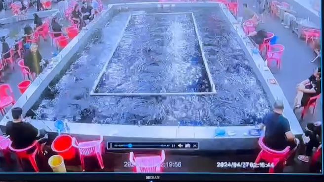 花莲凌晨发生6.1强震，宜兰的钓虾场内池水摇出波浪，钓客淡定坐掉。（翻摄画面）