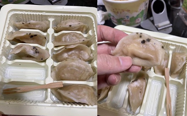 民眾買超商水餃，上面布滿黑點，原本以為是黑松露，吃了2顆驚覺不對勁，下午腹痛掛急診。（翻攝爆料公社）