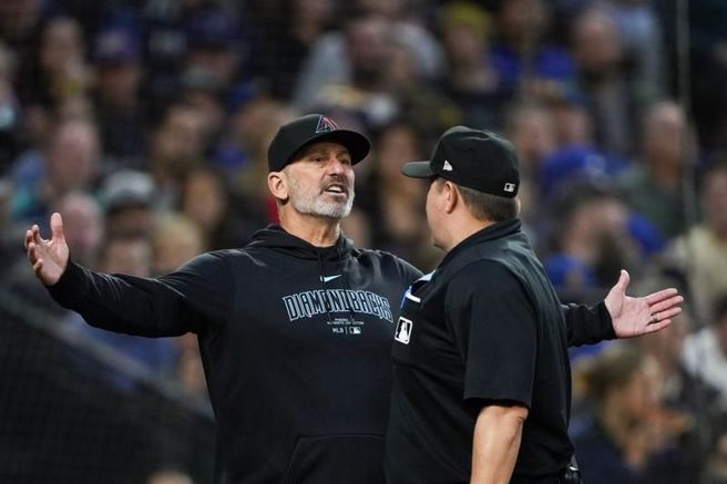 响尾蛇总教练鲁瓦洛(左)与主审争执。（美联社）