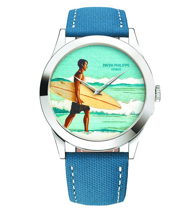 百達翡麗編號5089G-129「海灘的早晨」Calatrava腕表，表盤是以精湛的木片鑲嵌工藝打造。（Patek Philippe提供）