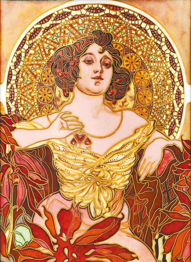 編號20157M-001「繆斯女神」掐絲琺瑯拱頂座鐘，以微繪琺瑯工藝重現捷克畫家阿爾豐斯慕夏（Alfons Mucha）的畫作。（Patek Philippe提供）