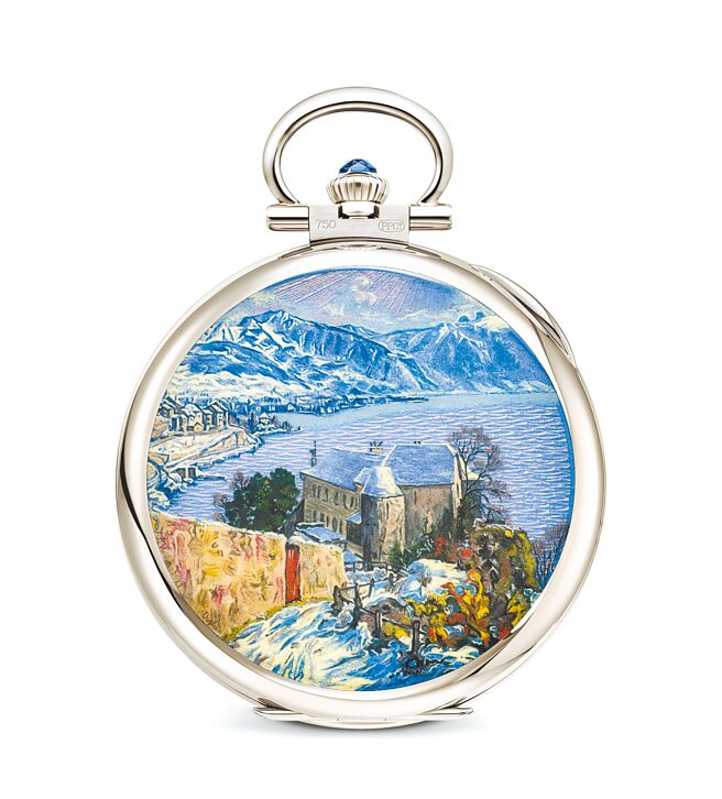 編號992/184G-001「冬日下的日內瓦湖」懷表。（Patek Philippe提供）