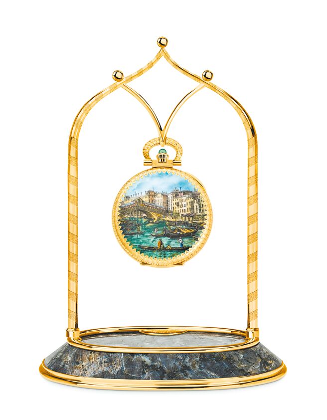 編號992/159J-001的懷表重現畫家加納萊托筆下的威尼斯里亞托橋景致。（Patek Philippe提供）